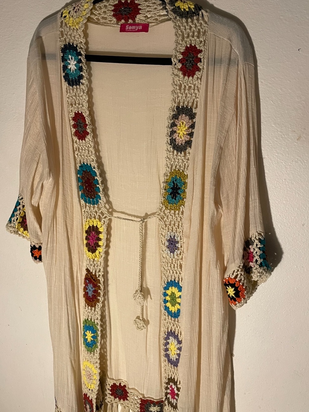 Cream Crochet-Trim Open Front Kimono Cardigan
